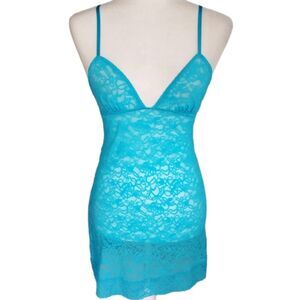 Victoria's Secret Lace Stretchy Mesh Aqua Teal Ocean Blue Slip Dress Small